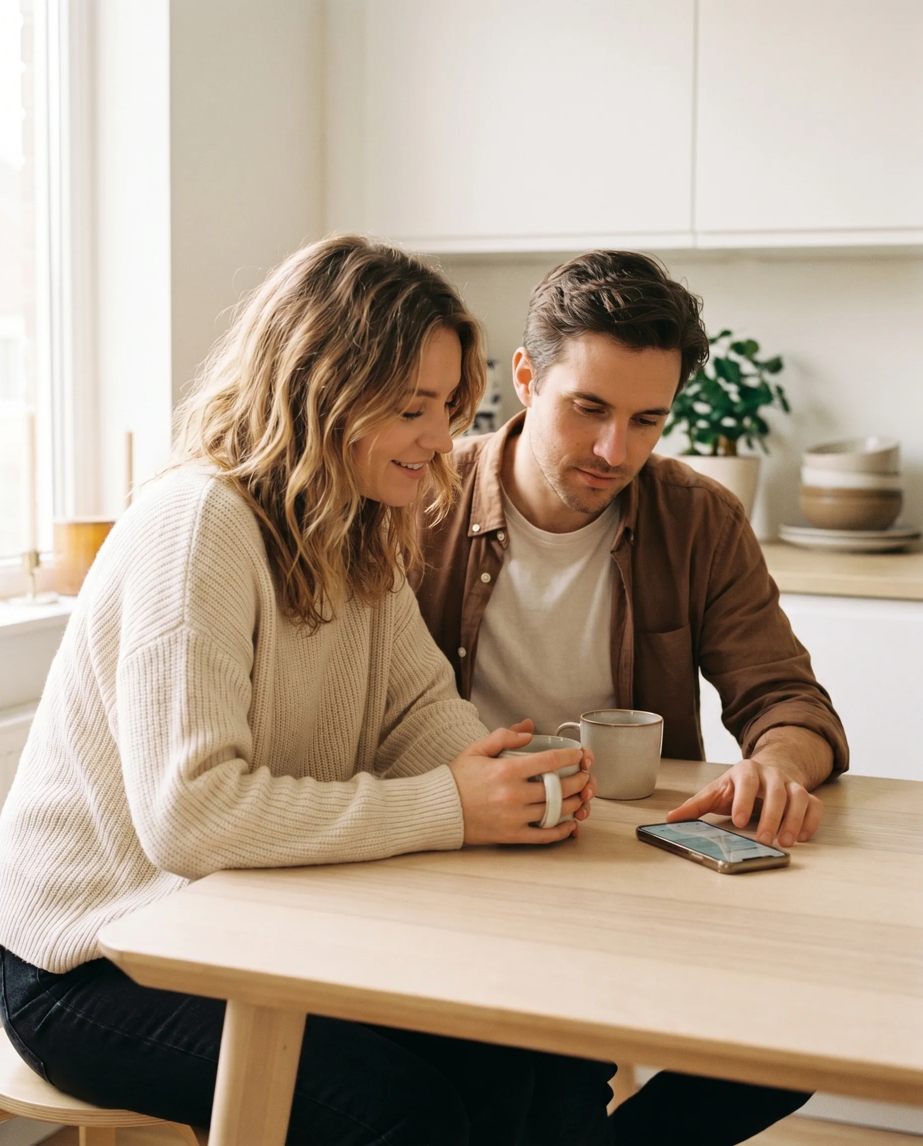 Two cups of coffee on a kitchen counter